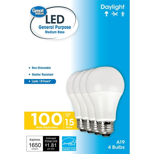 Great Value LED Light Bulb, 15W (100W Equivalent) A19 General E26 Medium Base, Non-dimmable, Daylight, 4-Pack - Walmart.com