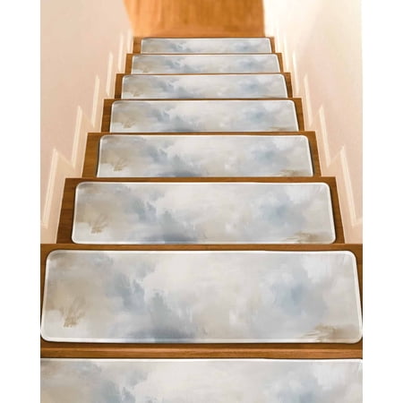 Blue Brown Stair Treads for Wooden Steps Indoor Runner Rug Carpet Modern Abstract Oil Painting Artwork 15 Pieces Peel and Stick Staircase Step Treads Covers Washable Throw Door Mats 30 x8