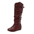 thumbnail image 5 of Rokment Womens Slouchy Wide Calf Knee High Boots with No Heel Fashion Casual Leather Buckles Winter Spring Long Tall Dress Boots Wine Size 6, 5 of 6