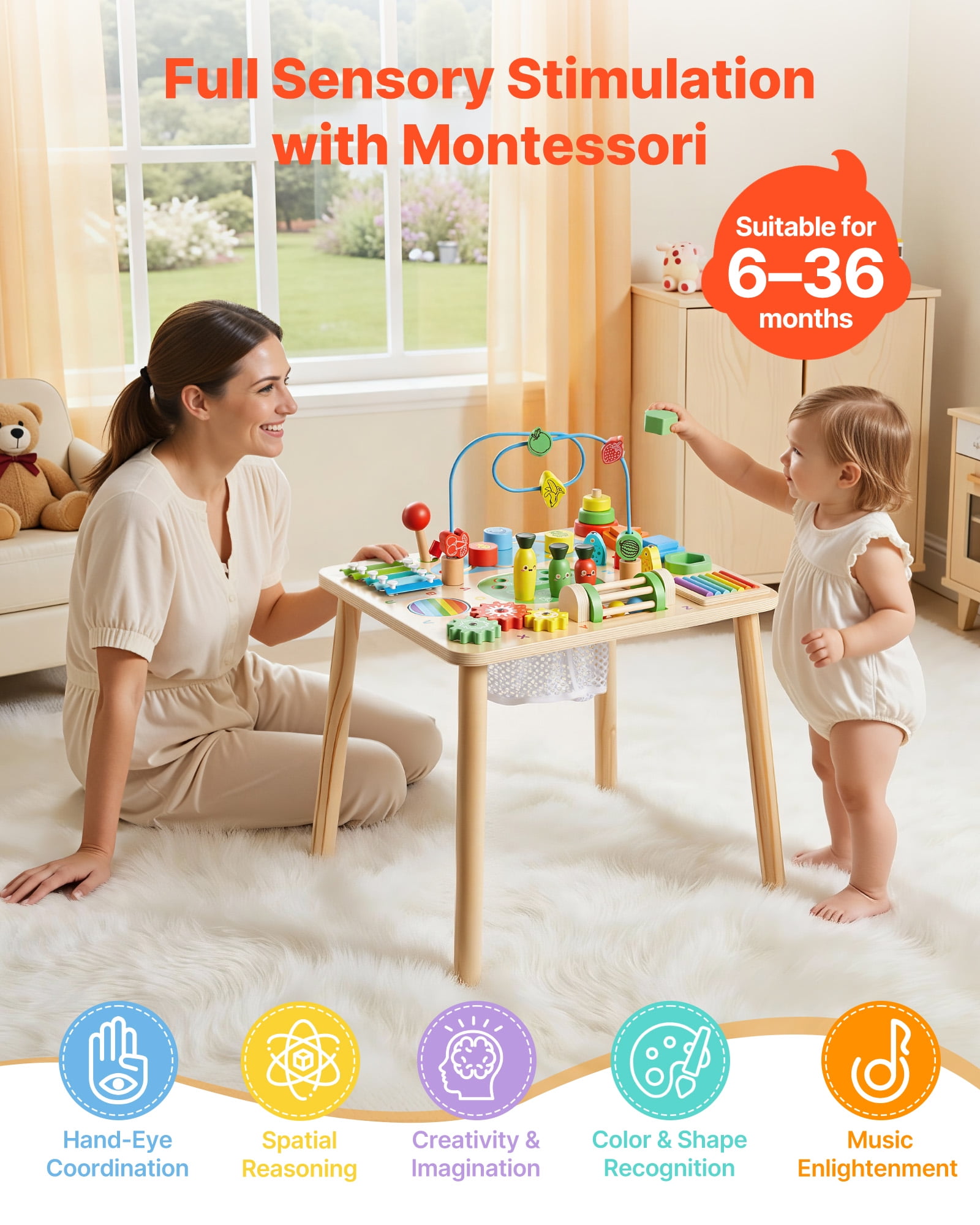 VEVOR Montessori Activity Table for Toddler 1-3 Years Old, 13 in 1 Wooden Learn Activity Desk, Baby Play Table for Boys & Girls Aged 6+ Months, Great Birthday, Christmas, Children's Day Present