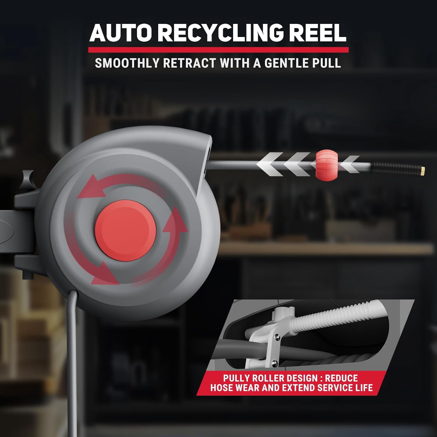 Air Hose Reel 50 Ft Retractable, 3/8 In Auto Rewind Air Hose Reel with Air Blow Gun, Any Length Lock, 180° Swivel Wall Mount Air Tool for Garage Workshop