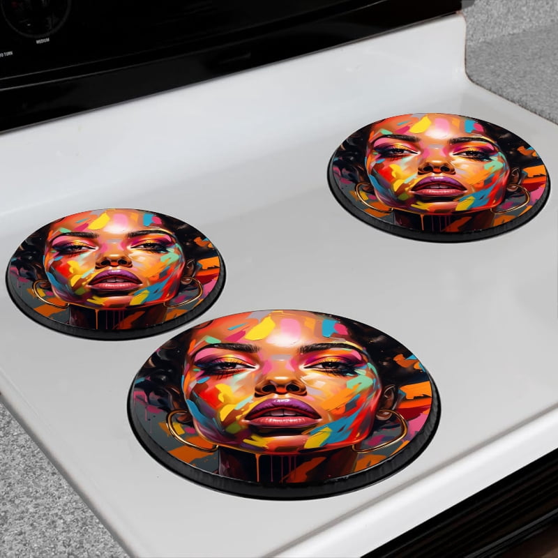 BaHomeck Electric Stove Burner Covers Set of 4,Round Metal Gas Stove Burner Covers 8 Inch and 10 Inch,Kitchen Decor,Beautiful Black Woman With Colorful Makeup Afro Hairstyle