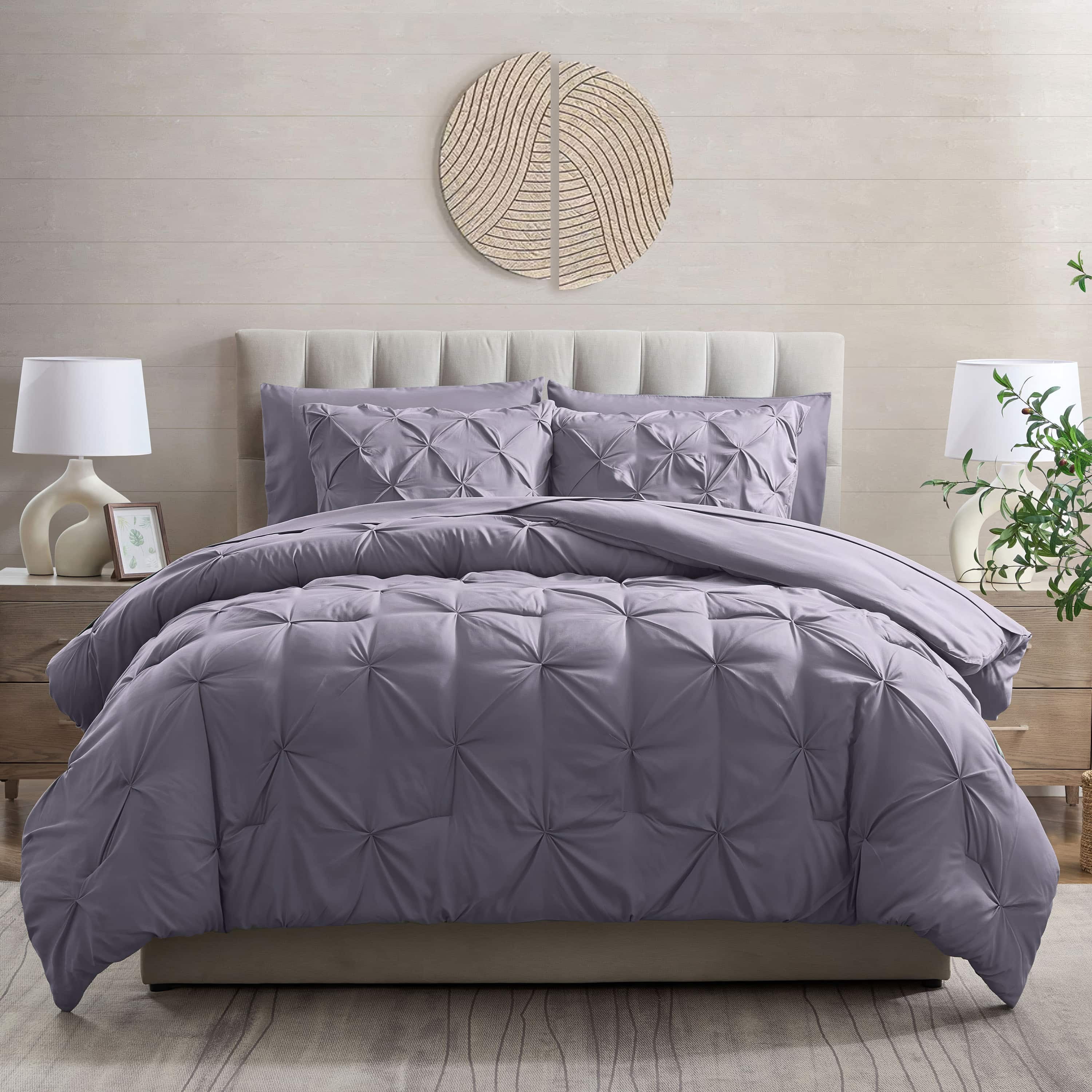LammaLoe Twin Comforter Sets, 5 Piece Bed In A Bag Pintuck Bedding Sets, Grayish Purple