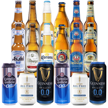 World Tour Non-Alcoholic Beer Sampler 18 Pack – Includes Asahi, Bitburger, Corona, Paulaner, Erdinger, Weihenstephaner, Estrella, Suntory, & Guinness–Premium Alcohol-Free Beers from Around the World