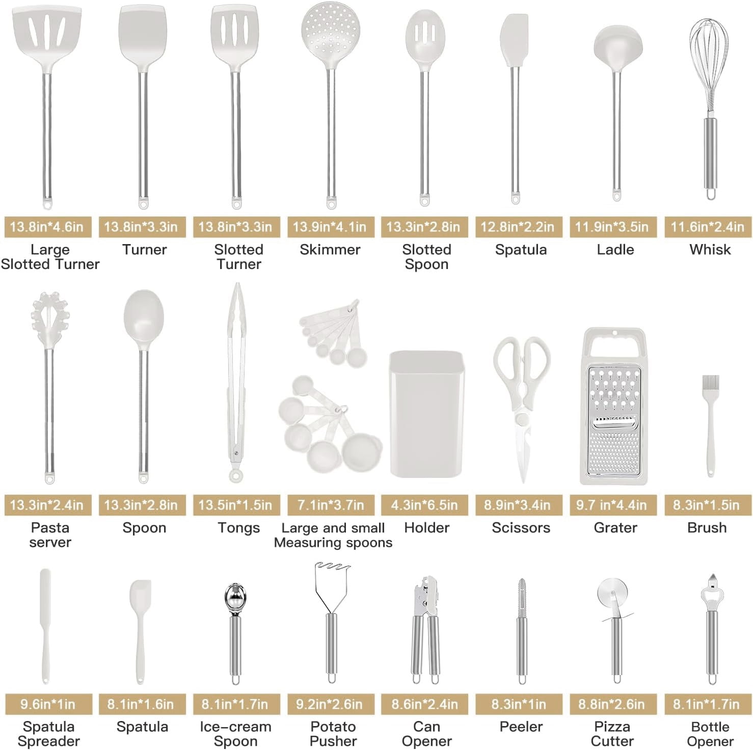 Kitchen Utensil Set-Silicone Cooking Utensils-33 Kitchen Gadgets & Spoons for Nonstick Cookware-Silicone and Stainless Steel Spatula Set-Best Kitchen Tools BPA FREE (Cream White)
