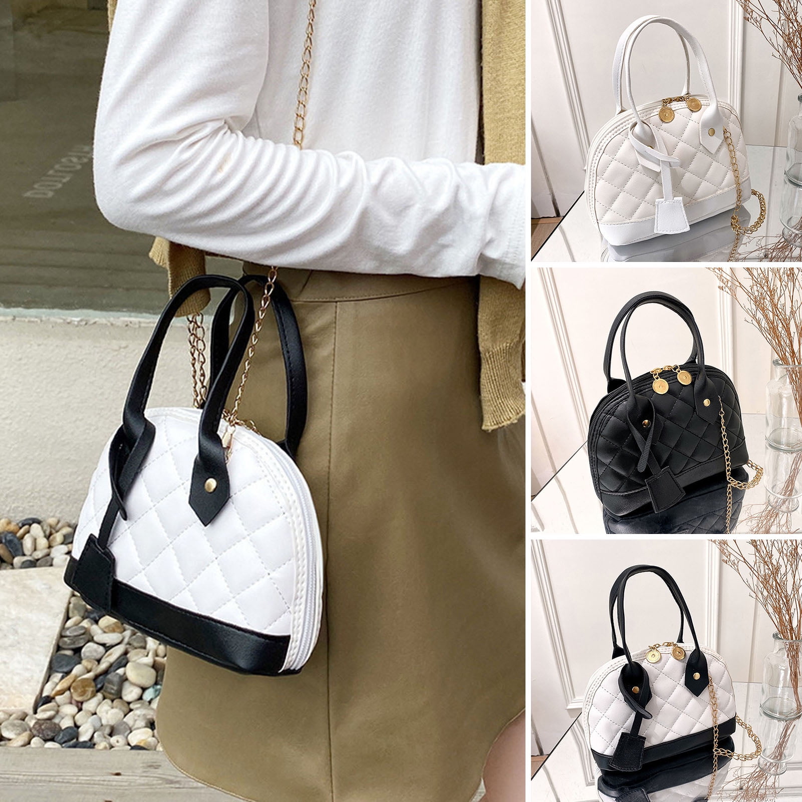 rygai Women Handbag Quilted Golden Link Chain Top Handle Faux Leather  Contrast Color Single Shoulder Bag Purse Shopping Use,Black & White 