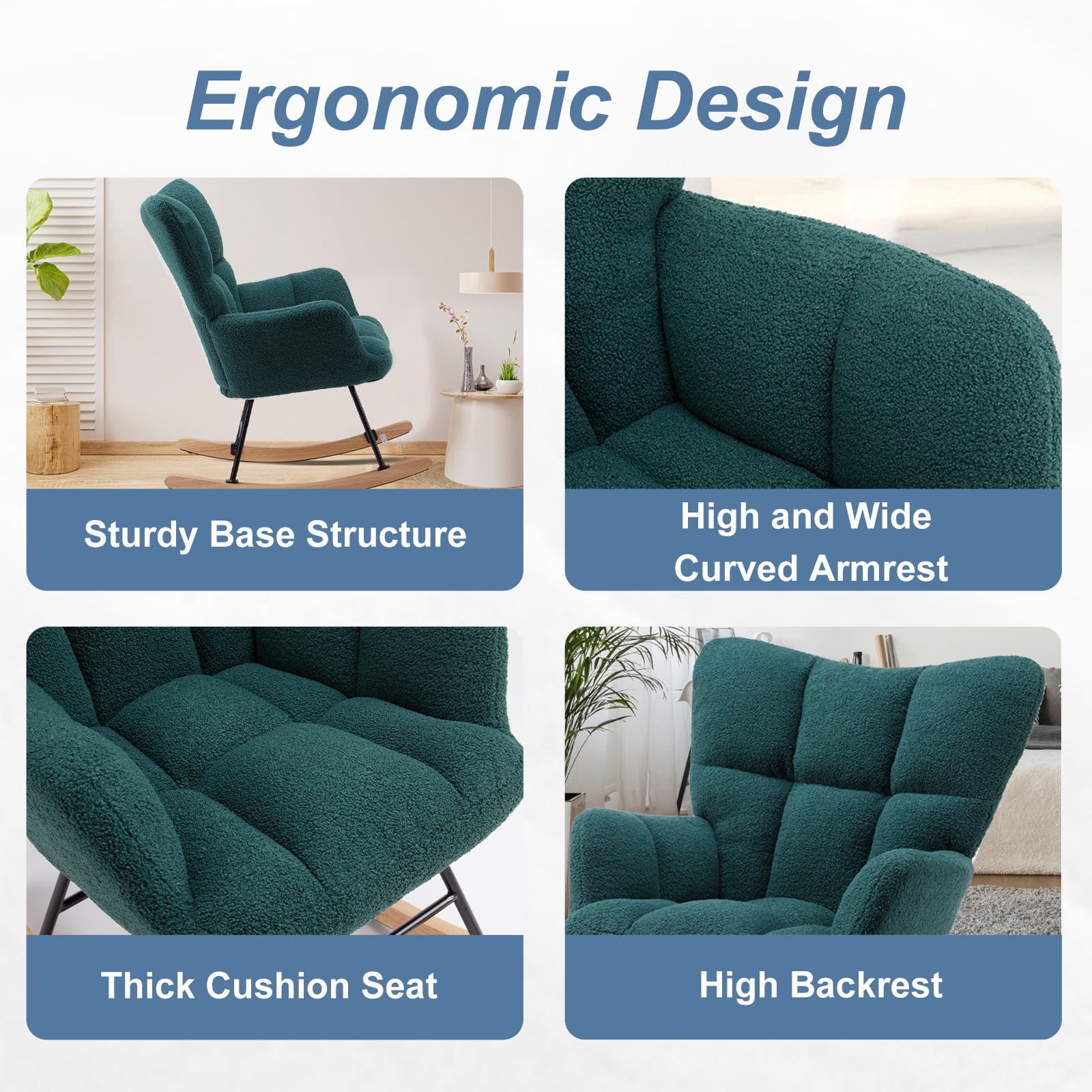 CONCETTA Rocking Chair Teddy, High Backrest, Comfortable Stylish with Padded Seat Glider Rocker for Living Rooms, Bedrooms, Offices, Green