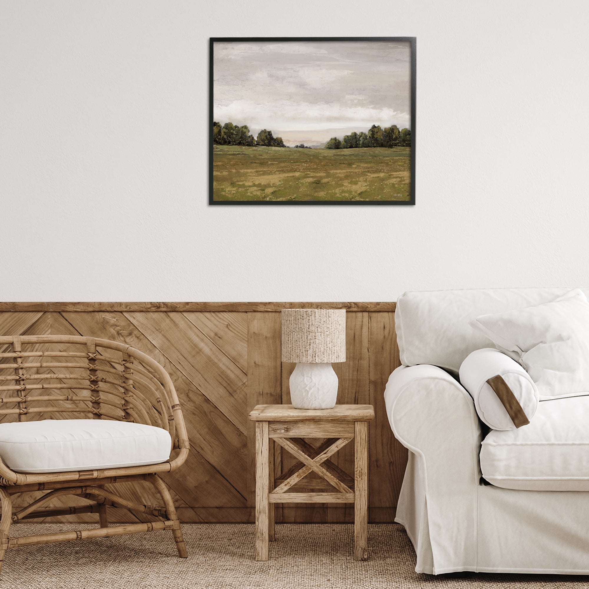 Stupell Industries Distant Trees Grassland Landscape Painting Black Framed Art Print Wall Art, 30 x 24