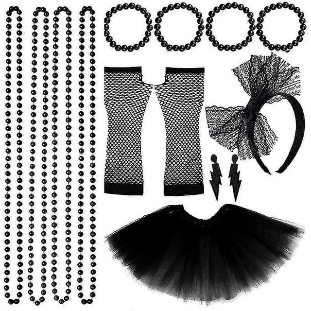 Conjunto de disfraz retro de fiesta para mujer, accesorios de disfraces de los años 80, falda tutú para adultos, guantes de red de neón, collar de cuentas, pulsera, pendientes ----BK --- Código de pro