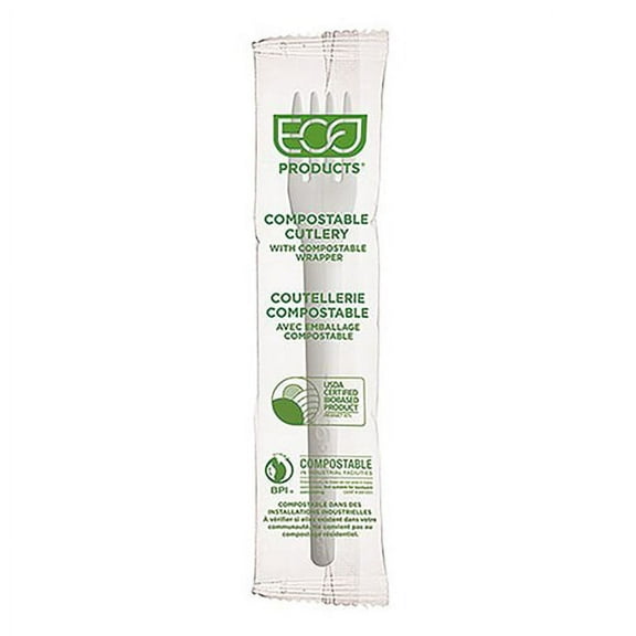 Eco-Products Plantware Compostable Cutlery, Fork, Plastic, White, 1,000/Carton