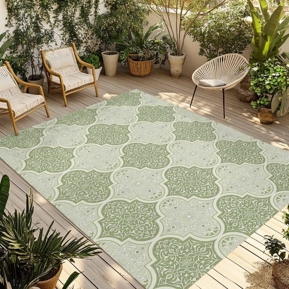 Sage Green Morocco Outdoor Rug for Patio/Deck/Porch, Non-Slip Large Area Rug 5 x 8 Ft, Vintage Abstract Geometric Pattern Indoor Outdoor Rugs Washable Area Rugs, Reversible Camping Rug Carpet Runner