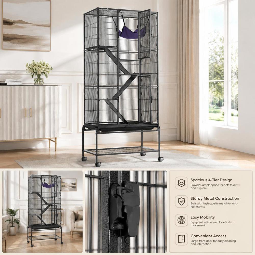Ferret Cage, 69 inch 4-Tier Rolling Metal Small Animal Cage with Ramps and Removable Tray, Black
