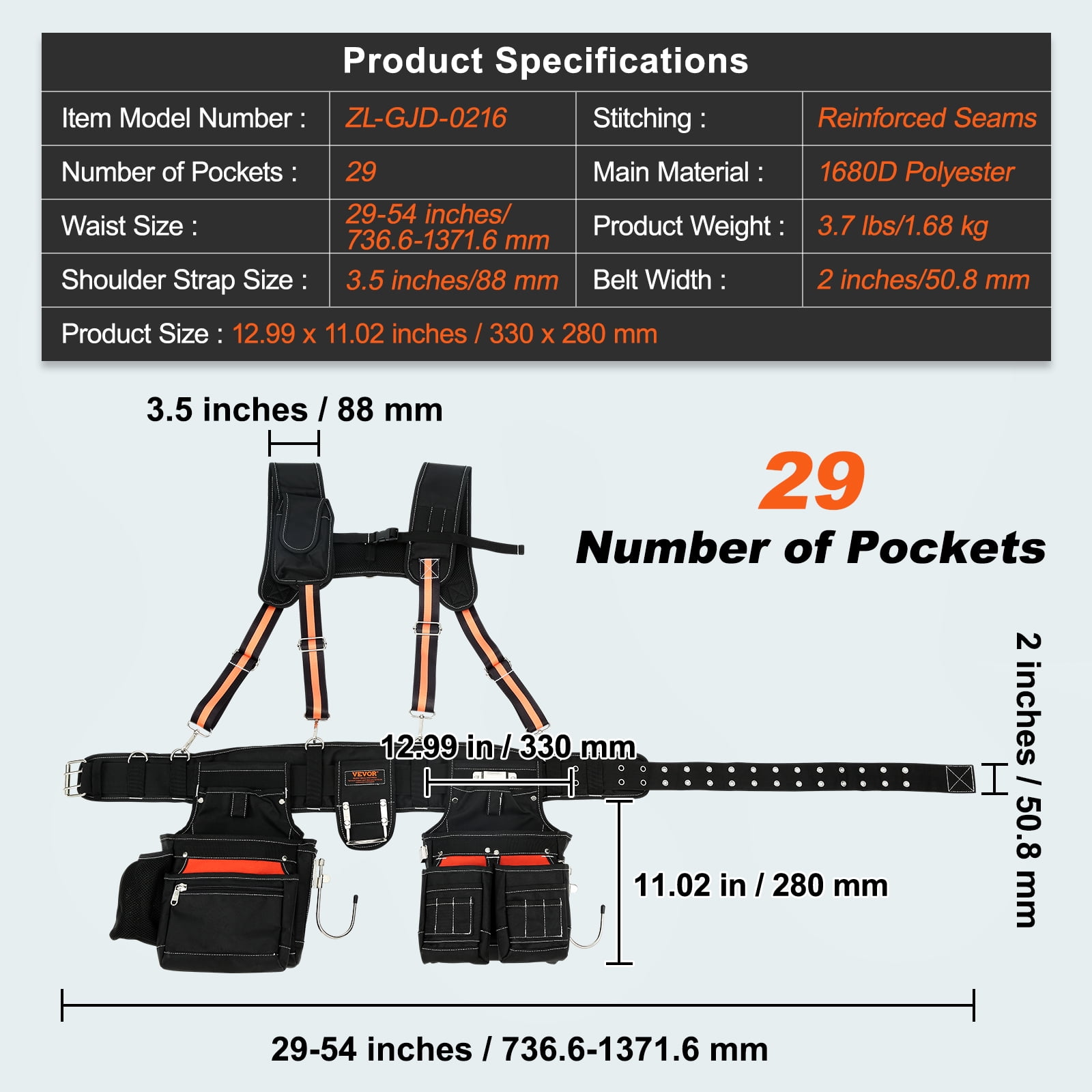 BENTISM Tool Belt with Suspenders Adjustable Carpenter Tool Pouch 1680D Polyester
