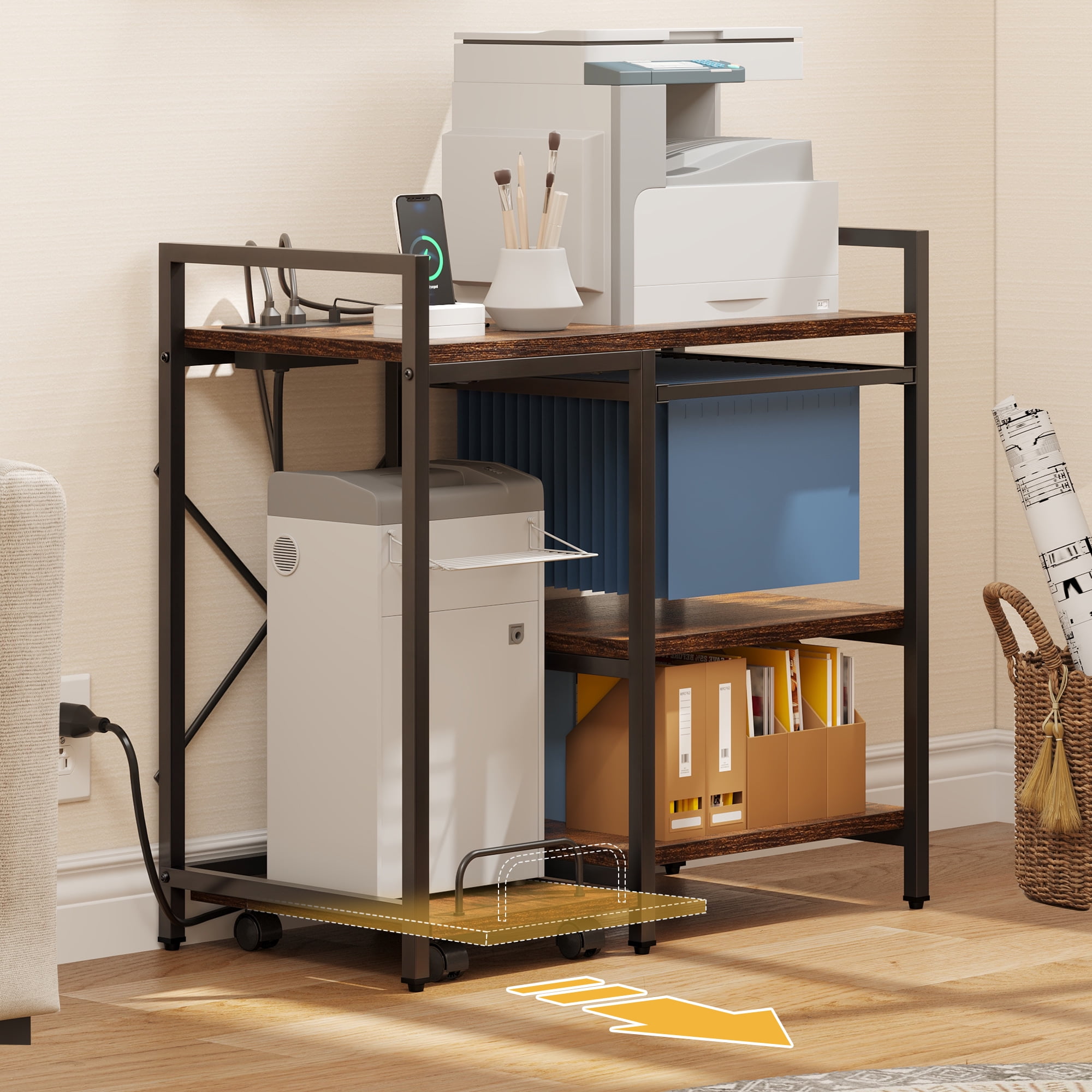 Craftian 3-Tier Printer Stand with Storage & Charging Station, File Organizer Cabinet with Open Shelves, Rolling Printer Desk Stand, Multi-Functional Home Printer Stand for Home Office, Brown