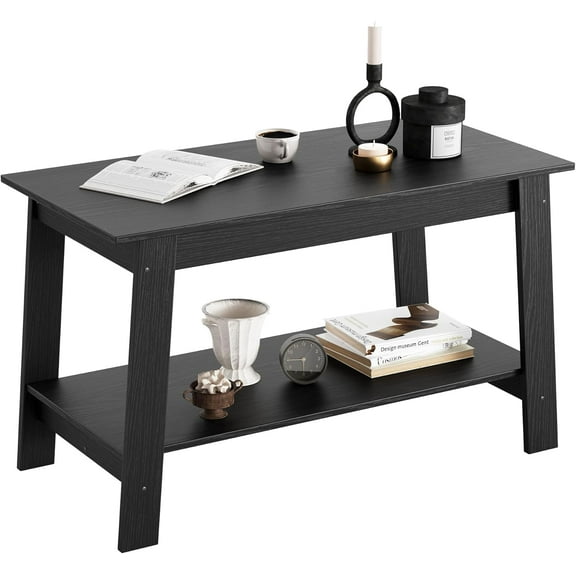 Coffee Table, Coffee Table for Living Room, Modern Farmhouse Coffee Table with Storage Shelf, 2-Tier Living Room Table Rectangular Center Table, Home Office Industrial Cocktail Tables, Black