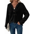 thumbnail image 3 of Sudadera con Capucha de Larga de Punto Gofre para Mujer, con Cordón, Botones, Cuello en V, Informal, con Capucha. Negro L, 3 of 9