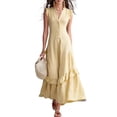thumbnail image 2 of ChaoHeng Summer Dress Maxi Dresses for Women Solid V Neck Sleeveless Button Layer Ruffle Flowy Long for Yellow XXL, 2 of 8