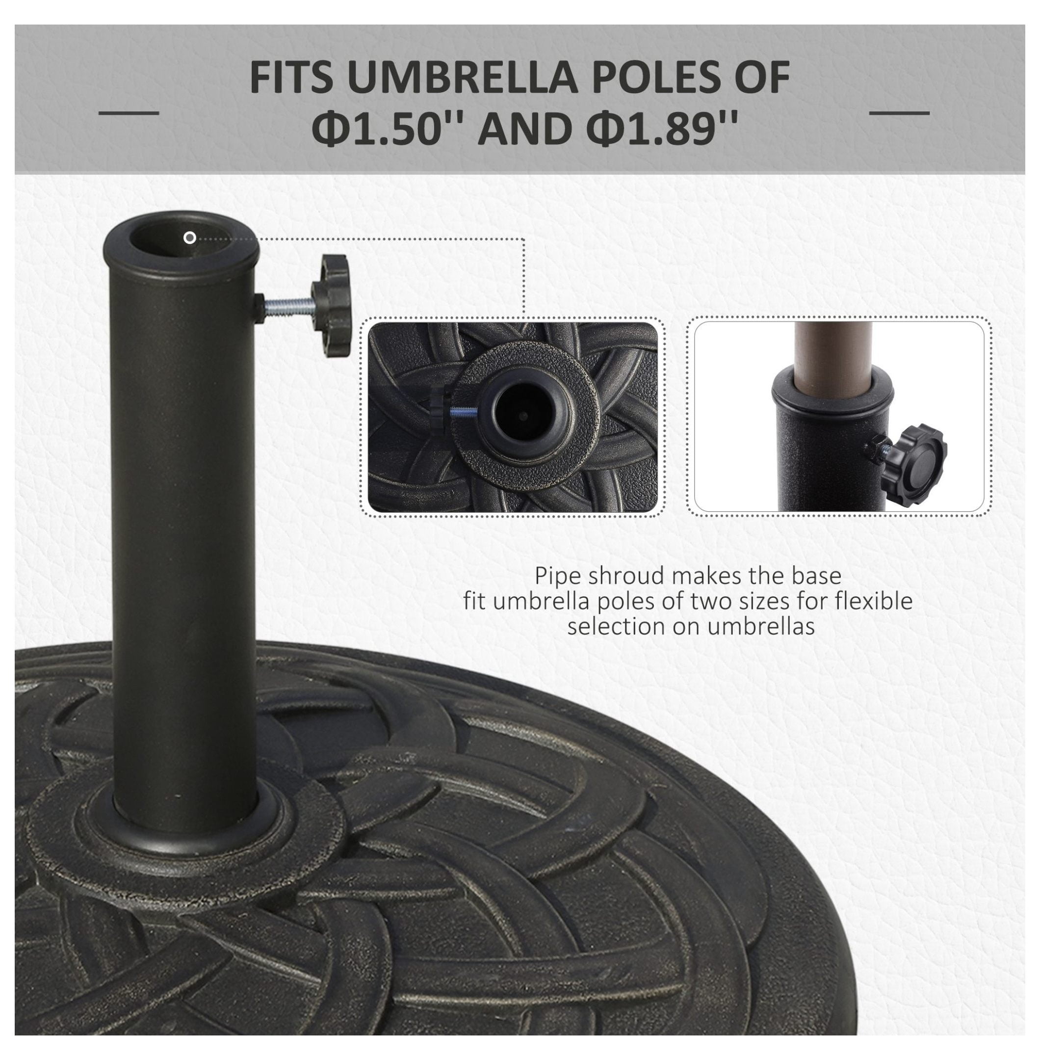 22" 42 lbs Round Resin Umbrella Base Stand Parasol Holder with Beautiful Decorative Pattern & Easy Setup, for Φ1.5", Φ1.89" Pole, for Lawn, Deck, Backyard, Garden, Bronze