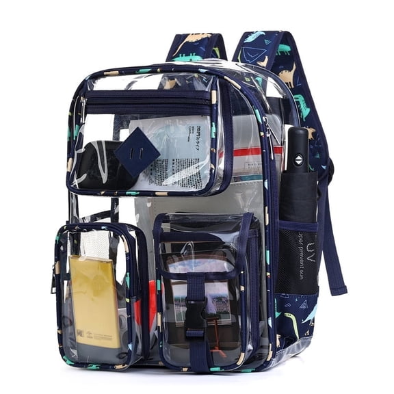 WANDF Heavy Duty Clear Backpack with 3 front Pockets,WaterProof Cute Bookbags Laptop Backpack,Large PVC Backpacks Stadium Approved for Sports Events,Work,Travel(Dark Blue Dinosaur)