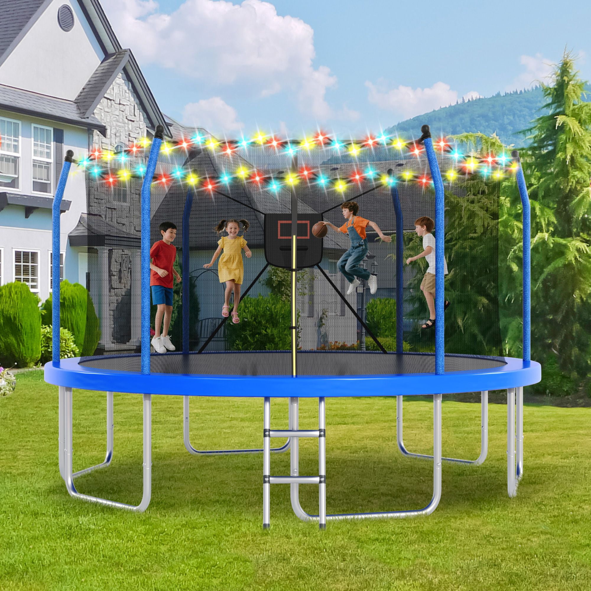 Alvantor 14ft Trampoline with Basketball Hoop & Lights, Outdoor Round Trampolines for Kids with Enclosure net Blue