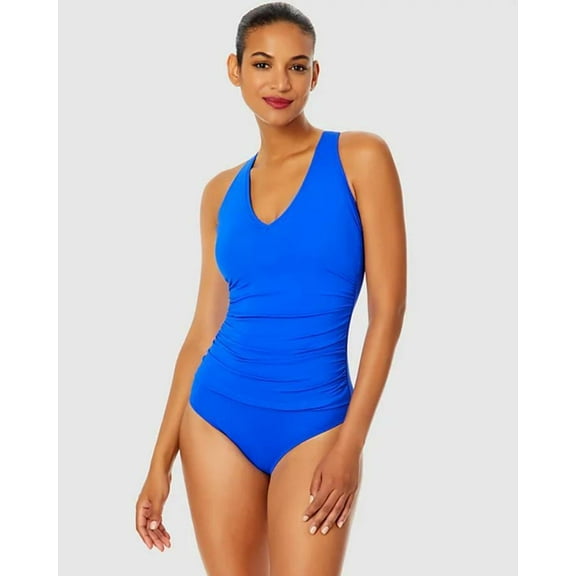 Anne Cole Women's Blue V-Neck Cross-Back One-Piece Swimsuit 10