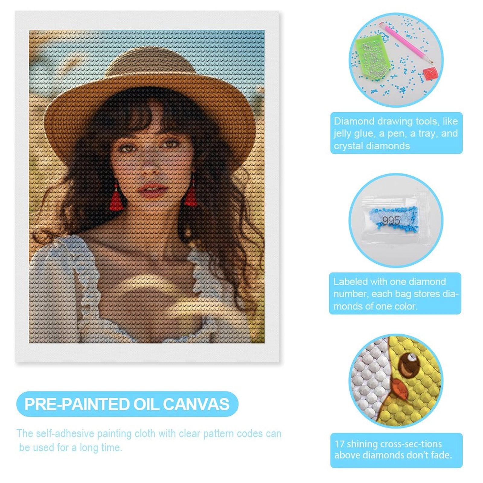 Diamond Art Kits for Adults, Wide Brim Hat Summer Portrait Fields 5D Diamond Painting Kits for Adults Beginners, DIY Full Drill Diamond Painting, Gem Art and Crafts 12x16