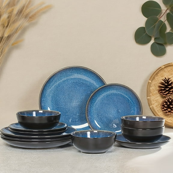 ​​12-Piece Blue Ceramic Dinnerware Set | Scratch-Resistant & Dishwasher Safe | for Family Dinners & Parties | Elegant Gift Option​​