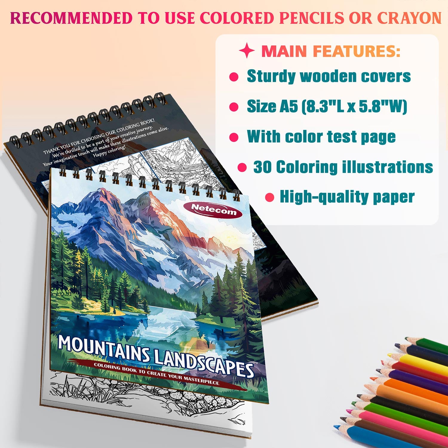 Netecom Mountains Landscapes Coloring Book for Adults, A5 Wooden Cover, Spiral Bound Edition, 30 Majestic Coloring Pages of Beautiful Landscapes for Stress Relief and Relaxation