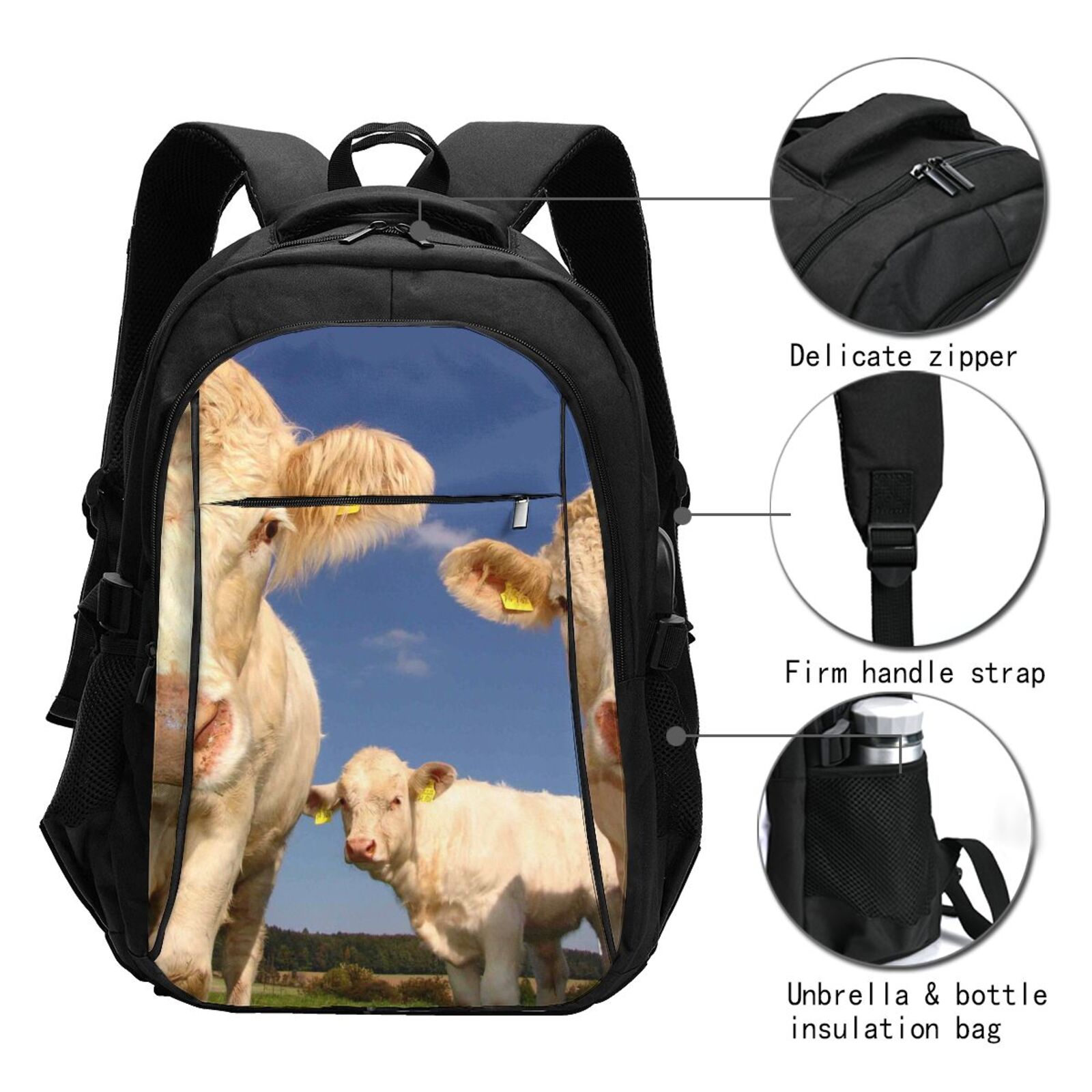 Horeoi Cows Cattles Print USB Backpack for Travel School Work with Laptop Compartment Charging Port and Anti-Theft Pocket