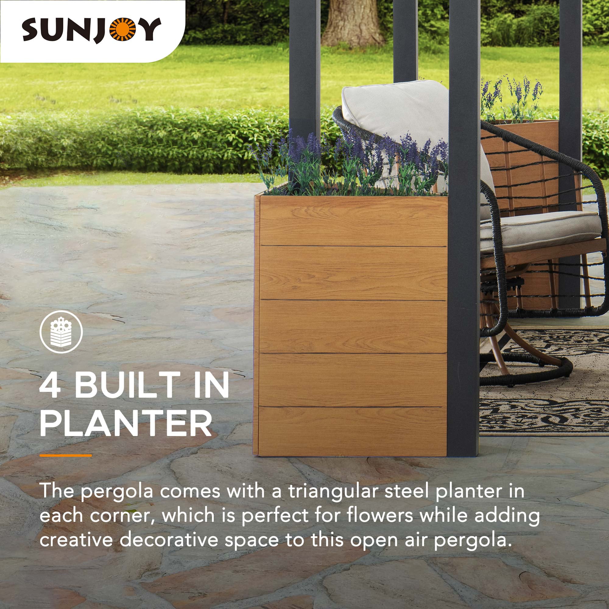 Sunjoy 10 x 12 ft. Outdoor Patio Black Steel Frame Pergola with Planters