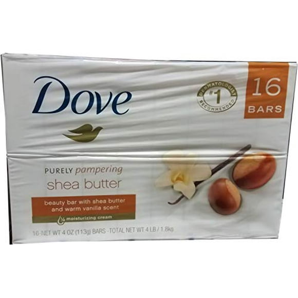 Dove Purely Pampering 16-4 OZ Shea Butter Bar Soaps, Warm Vanilla Scent, 64 OZ, White