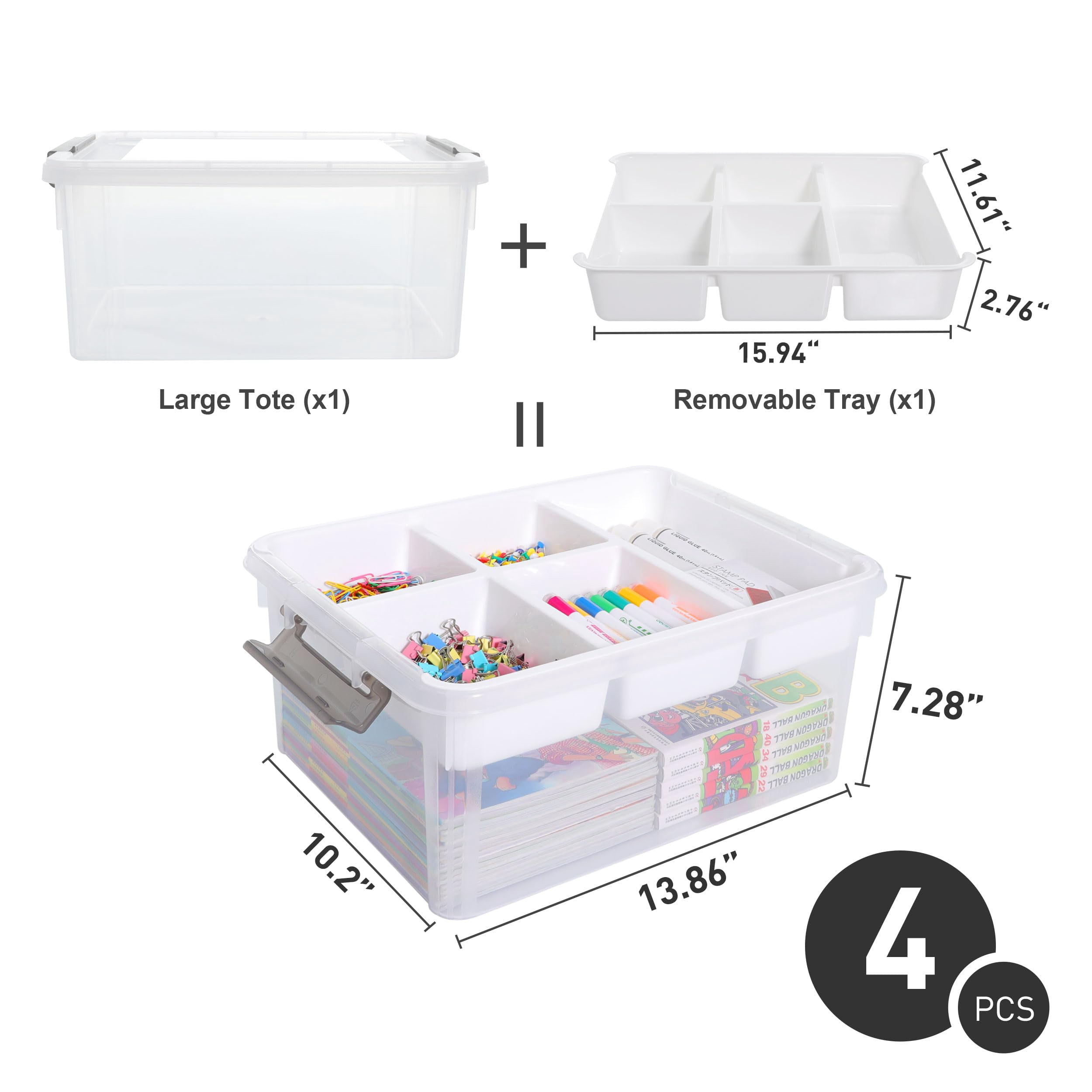 17 Qt Storage Box With Removable Tray Closet Organizers And Clear Container For Organizing  Craft Tools Files Office Supplies 4 Packs