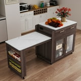 HLR Extendable Kitchen Island with Power Outlet, Dining Table Cart on Wheels with Storage, Brown ...