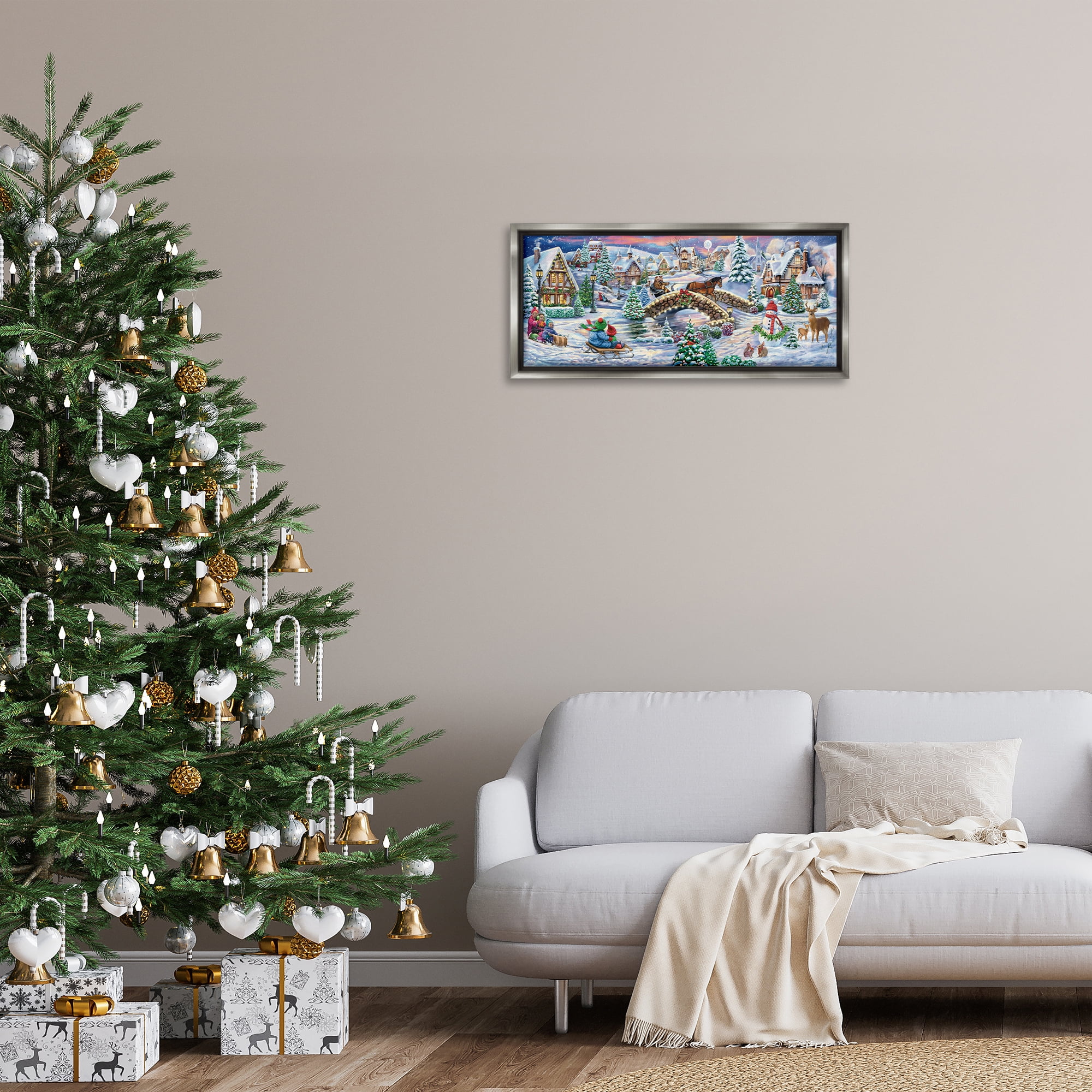 Stupell Industries Snowy Winter Townscape Holiday Painting Gray Floater Framed Canvas Art Prints Wall Art, 31 x 14