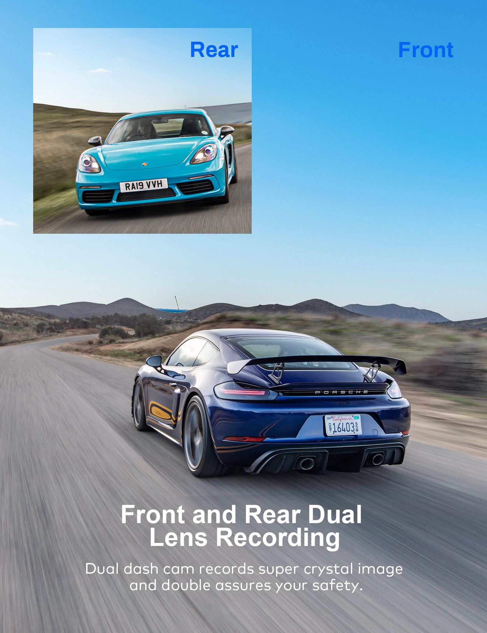 WOLFANG Dual Dash Cam Front and Rear 1440P + 1080P, 3" IPS Screen, 170° Wide Angle, Night Vision, WDR, G-Sensor, Loop Recording, 24H Parking Mode, Type-C