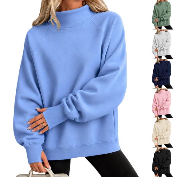 Mock Neck Sweatshirt Women Oversized Turtleneck Pullover Long Sleeve Casual Drop Shoulder Tops Fleece Sweater with Thumb Hole XL