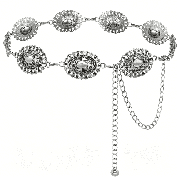 TELOLY Western Concho Chain Belt for Women Boho Metal Belts for Country Dresses Jeans Vintage Waist Belt