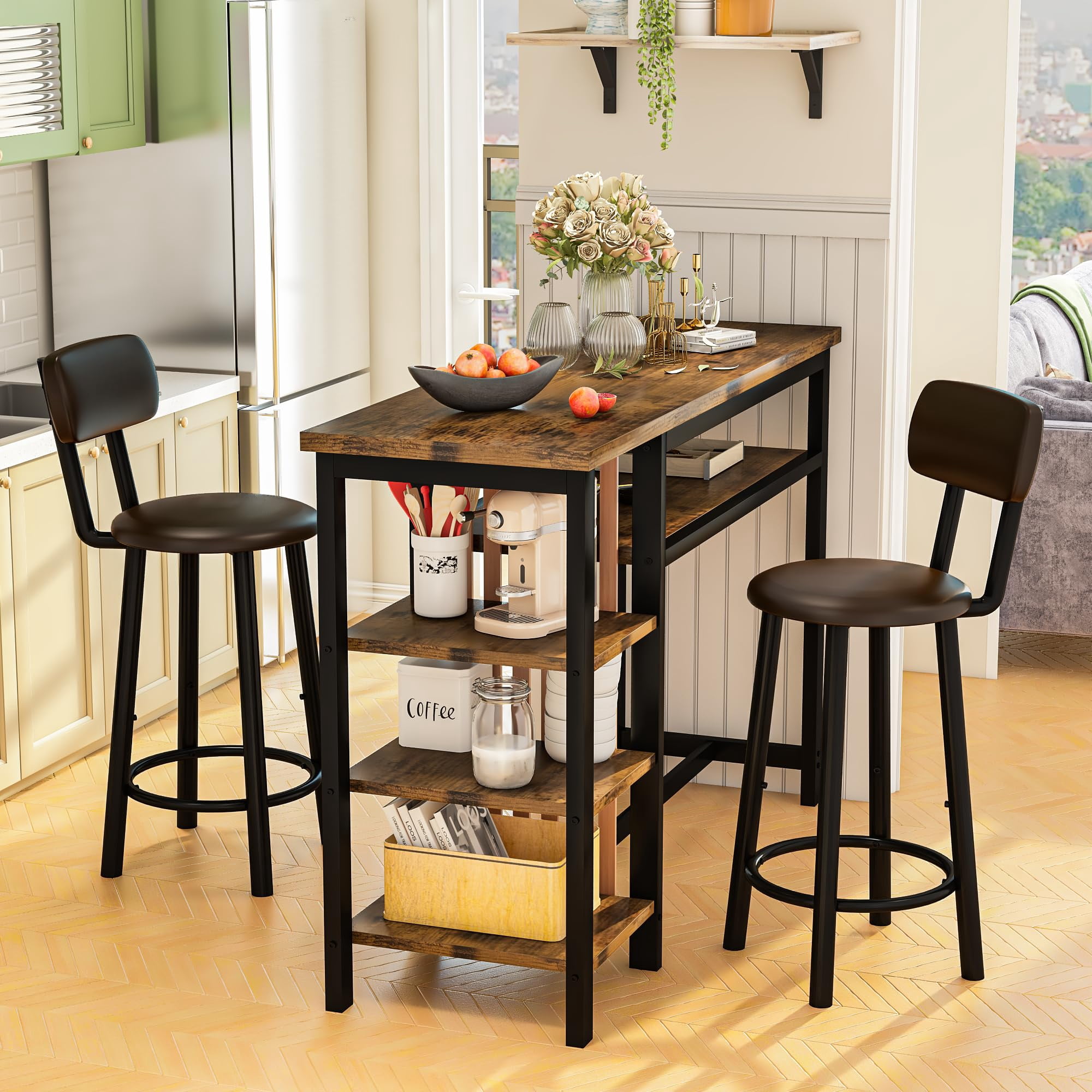 Lamerge Bar Dining Table Set for 2, 3 Piece Bar Table and Chairs Set, Kitchen Counter Height Dining Table Set, Small Kitchen Bar Table with Storage, Breakfast Nook Set for Small Space, Rustic Brown