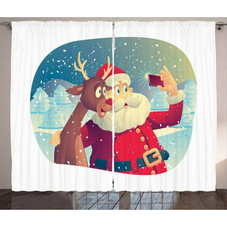 Santa Curtains 2 Panels Set, Best Friends Taking a Funny Christmas Selfie with Cellphone in a Snowy Winter Forest, Window Drapes for Living Room Bedroom, 108W X 63L Inches, Multicolor, by