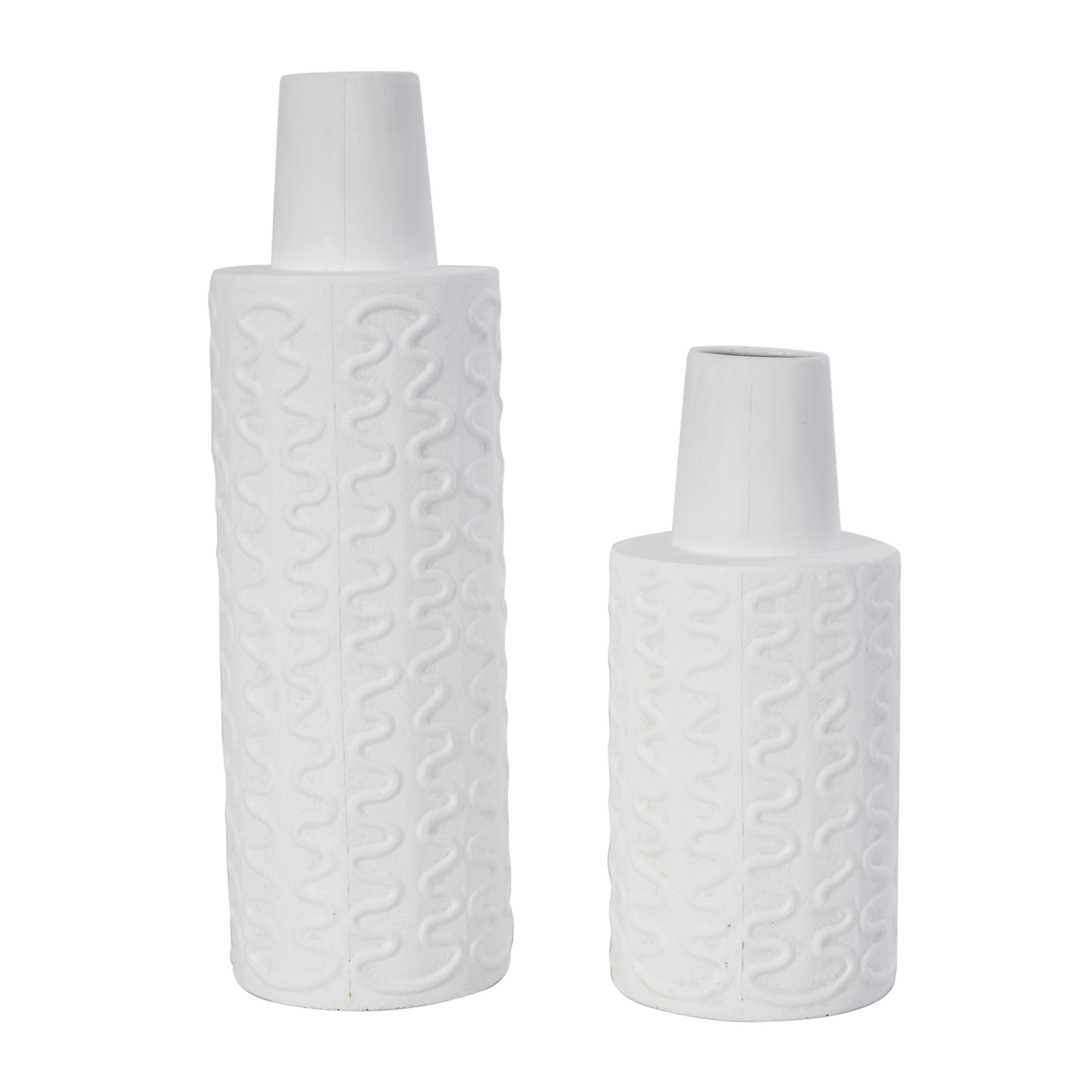 DecMode 16", 11"H Abstract Wavy Textured White Metal Vase, Set of 2