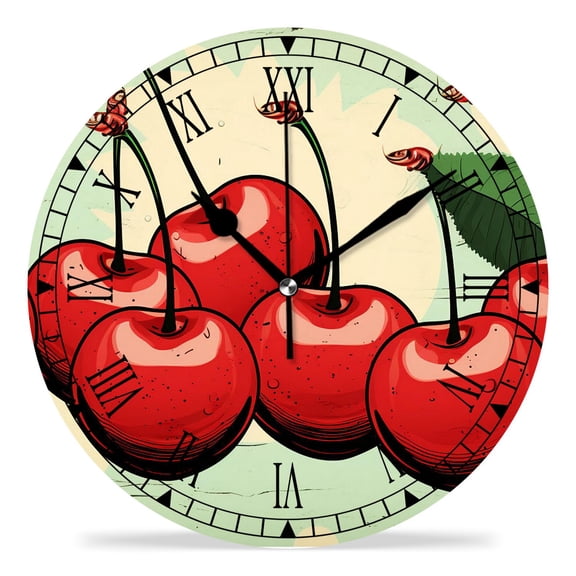 erolrail Rustic Wall Clock,Silent Non Ticking Wall Clocks for Living Room,Bedroom,Kitchen 12IN Red Cherries Leaves Wooden Design