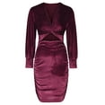 thumbnail image 5 of biudgviw Womens Dresses Velvet Comfy V Neck Long Sleeve Front Knot Cutout Mini Dress Fall Lounge Ruched Bodycon Dress, 5 of 7