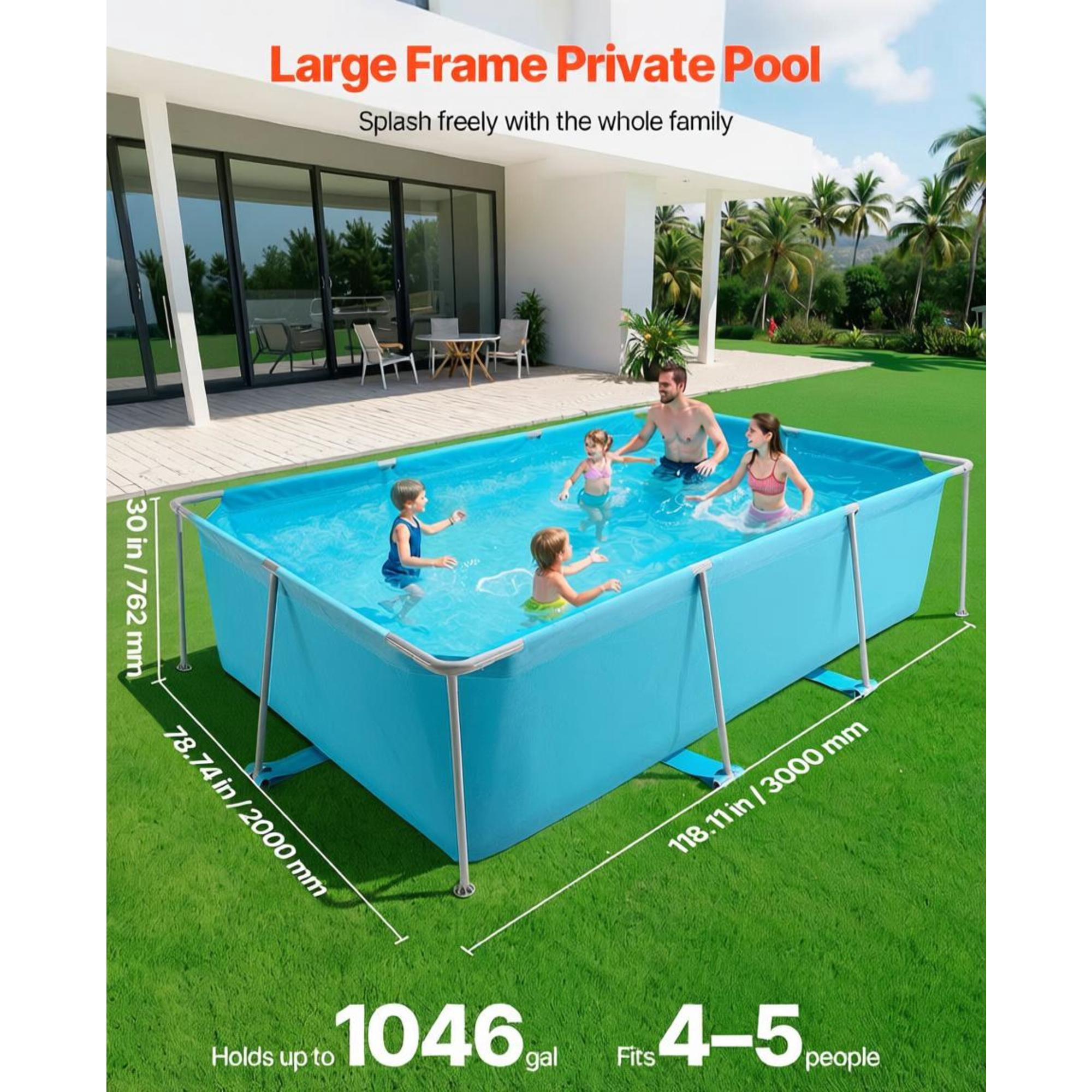Rectangular Metal Frame Above Ground Swimming Pool, 1046 Gal 118 x 78 x 30 Inch Outdoor Backyard Family Pool, Rust Resistant Steel Frame, Blue