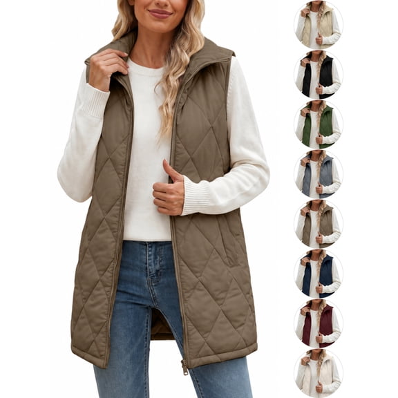 Biaocheng Women's Winter Solid Color Diamond Quilted Puffer Vest Casual Sleeveless Zip Up Stand Collar Coat with Lining and Pockets Fall Winter Outerwear for Work Daily Wear Travel