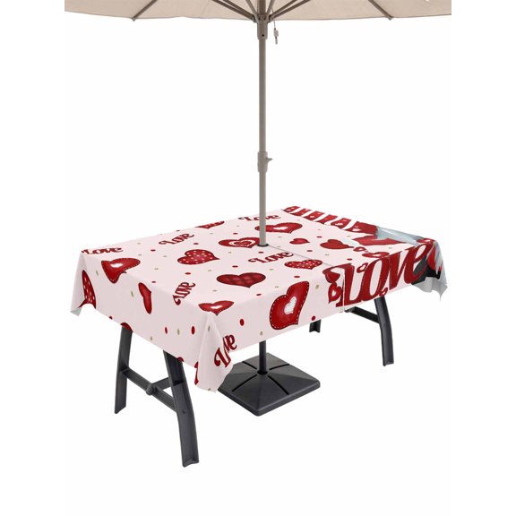 Outdoor Tablecloth with Umbrella Hole and Zipper, Pink Valentines Gnomes Rectangle Table Cloth 60x120 Inch Waterproof Tablecloth, Love Heart Red Picnic Table Cover for Patio Camping