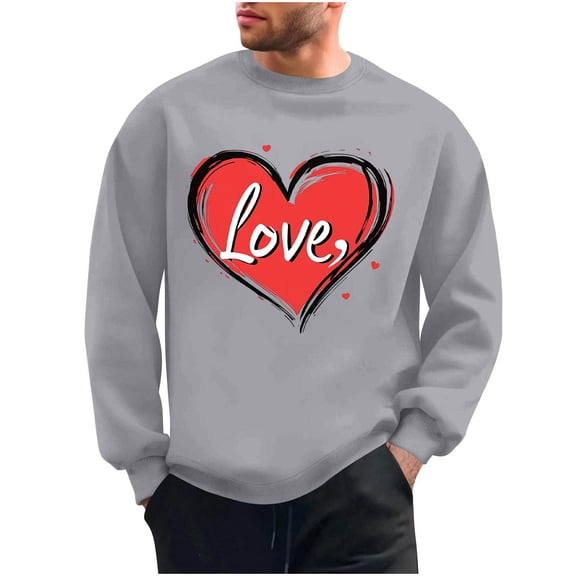 Mens Valentines Day Sweatshirts Love Heart Printed Graphic Casual Loose Long Sleeve Crewneck Pullover Shirts Top (3XL, Gray)