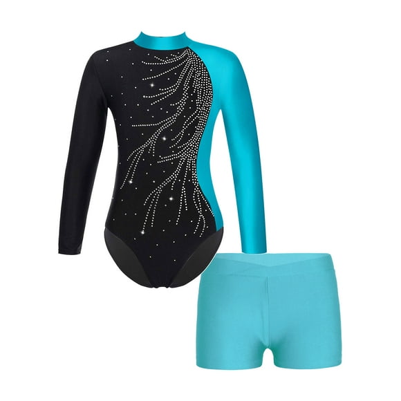 renvena Girls Gymnastics Leotards and Shorts Set Rhinestone Long Sleeve Ballet Unitard Biketards Blue Green 8