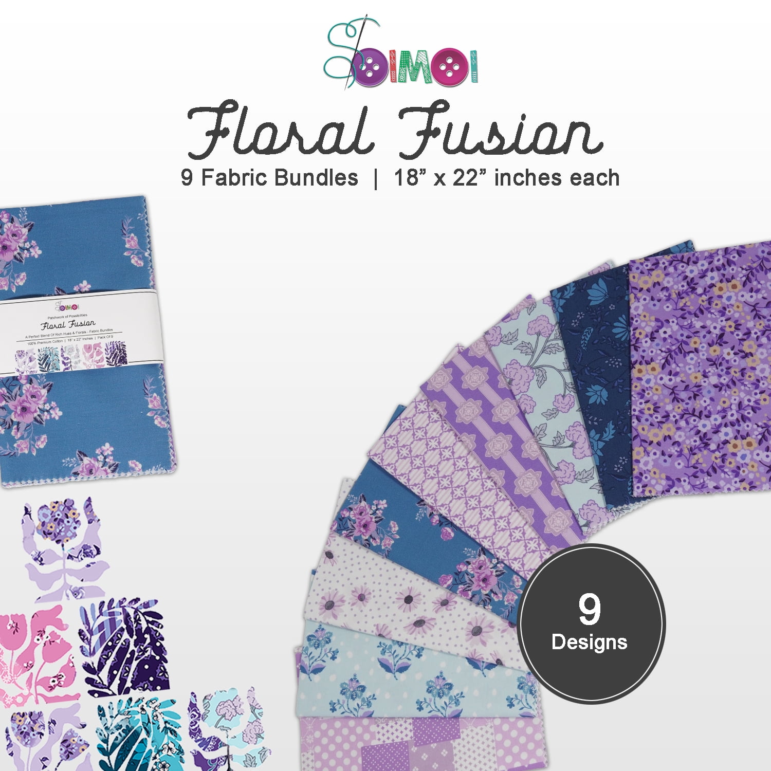 9Pcs Cotton Fabric Bundles 18 x 22 Inch, Fat Quarters Fabric Pre-Cut Quilt Squares, Quilting Patchwork Squares Sewing Fabrics for DIY Handmade Crafting Home Dcor - Floral Fusion