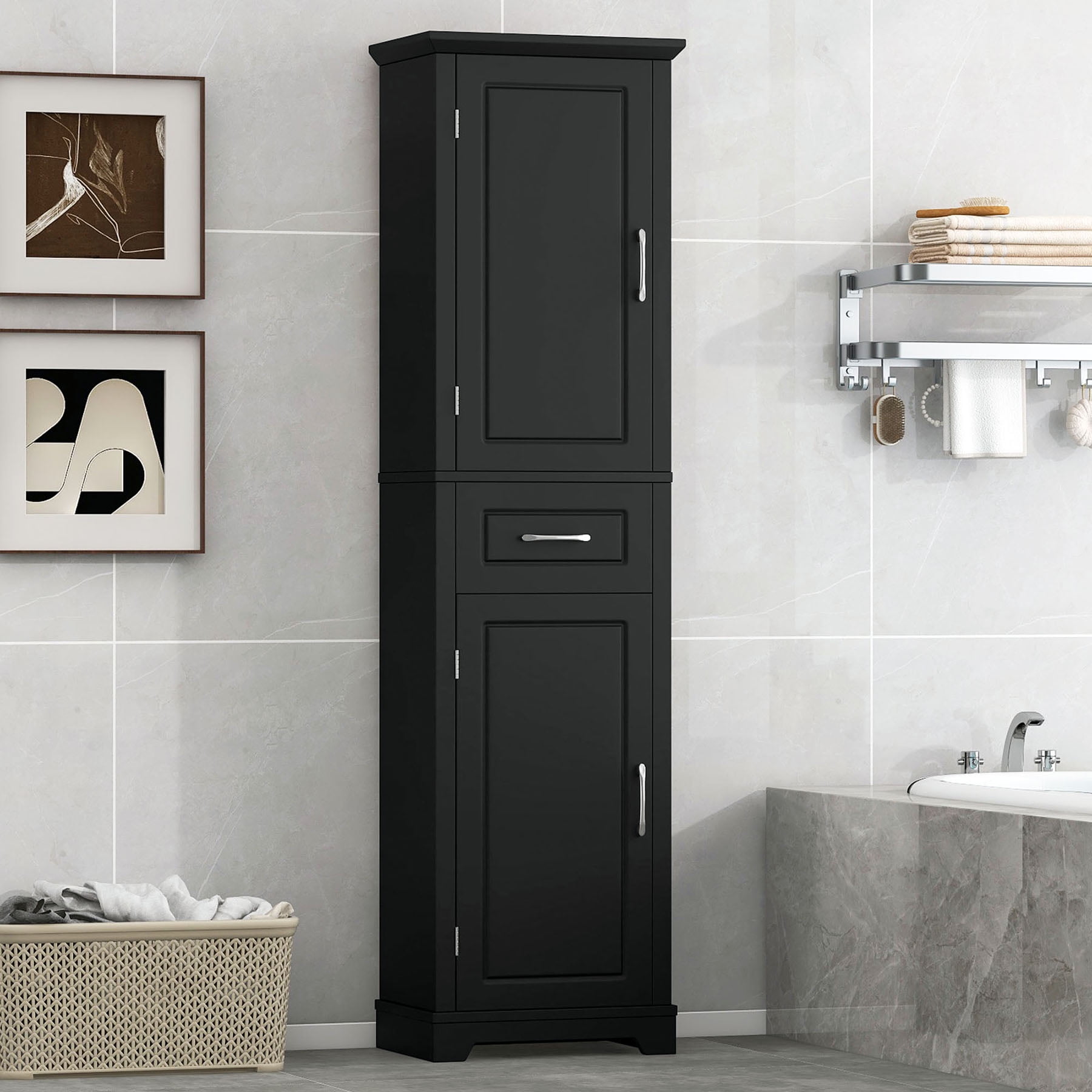 S-HOME Freestanding Black Bathroom Storage Cabinet Featuring Adjustable Shelves, Two Doors and Modern Handle Design for Easy Use