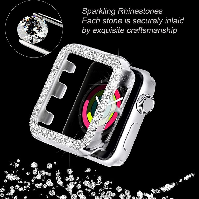 Veja o Casefor Apple Watch Series 4/5/6 44 mm/se 44 mm Moda  electromatização de duas linhas rhinestones decoração Smart Watch metade  caixa Tampa anticolisão PC - Rosa/Dourado - China Estojo de relógio